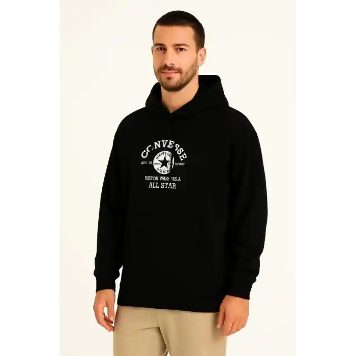 Erkek Kapşonlu Sweatshirt – Üç İplik Şardonlu Kumaş, Oversize Fit, Ön & Arka Baskılı, Kanguru Cepli, Kışlık Rahat Hoodie- Siyah