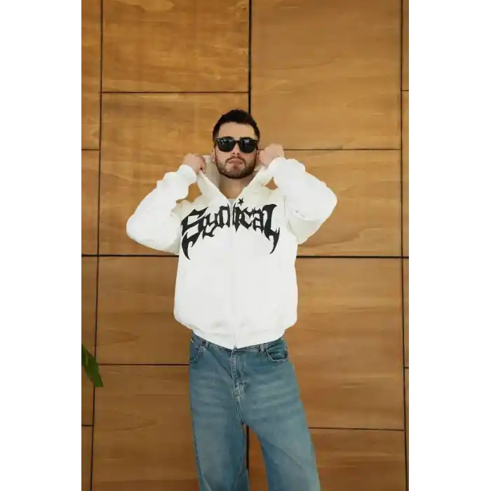Erkek Kapüşonlu 3 İplik Şardonlu Önü Baskılı Fermuarlı Oversize Sweatshirt - Beyaz