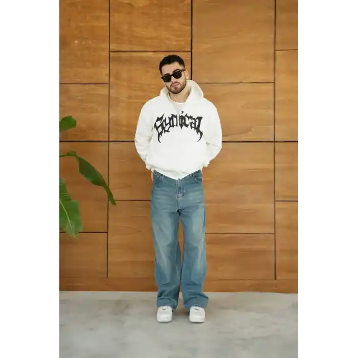 Erkek Kapüşonlu 3 İplik Şardonlu Önü Baskılı Fermuarlı Oversize Sweatshirt - Beyaz