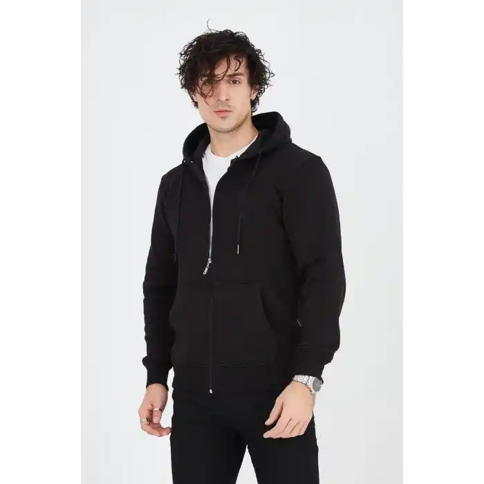 Erkek Kapüşonlu Düz Fermuarlı Hırka - Siyah