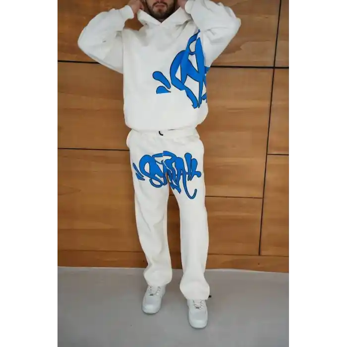 Erkek Kapüşonlu Eşofman Takım Graffiti Baskılı  Oversize Rahat Kalıp, Kanguru Cepli, Streetwear Tarzında Premium Ürün 3 iplik Pamuklu - Beyaz