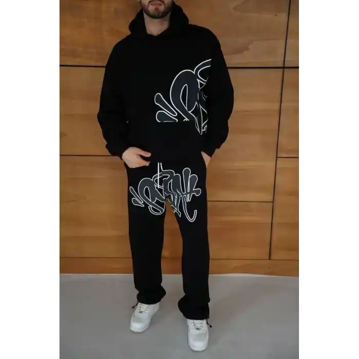 Erkek Kapüşonlu Eşofman Takım Graffiti Baskılı Oversize Rahat Kalıp, Kanguru Cepli, Streetwear Tarzında Premium Ürün 3 iplik Pamuklu - Siyah