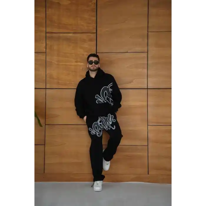 Erkek Kapüşonlu Eşofman Takım Graffiti Baskılı Oversize Rahat Kalıp, Kanguru Cepli, Streetwear Tarzında Premium Ürün 3 iplik Pamuklu - Siyah