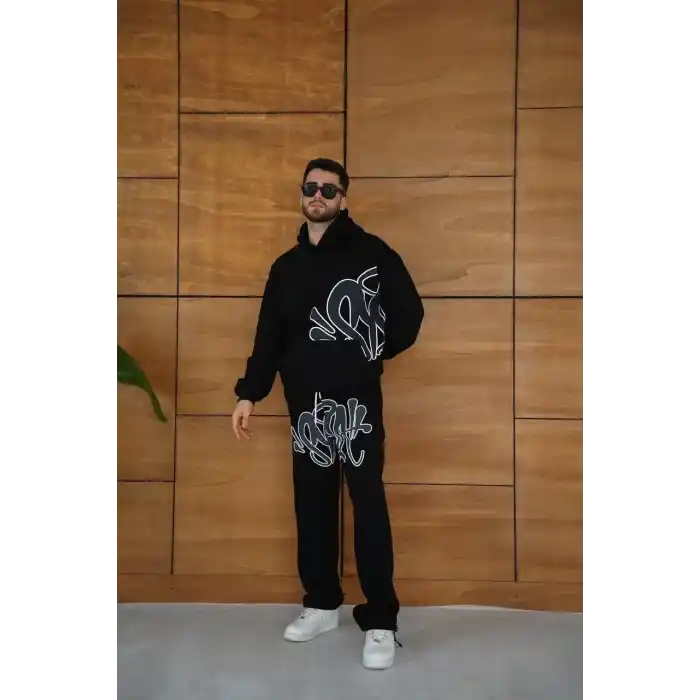 Erkek Kapüşonlu Eşofman Takım Graffiti Baskılı Oversize Rahat Kalıp, Kanguru Cepli, Streetwear Tarzında Premium Ürün 3 iplik Pamuklu - Siyah