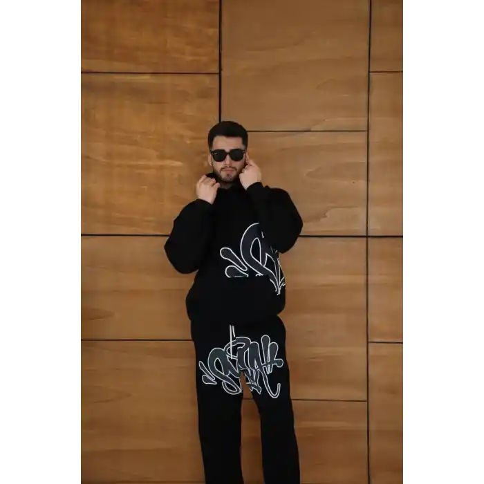 Erkek Kapüşonlu Eşofman Takım Graffiti Baskılı Oversize Rahat Kalıp, Kanguru Cepli, Streetwear Tarzında Premium Ürün 3 iplik Pamuklu - Siyah