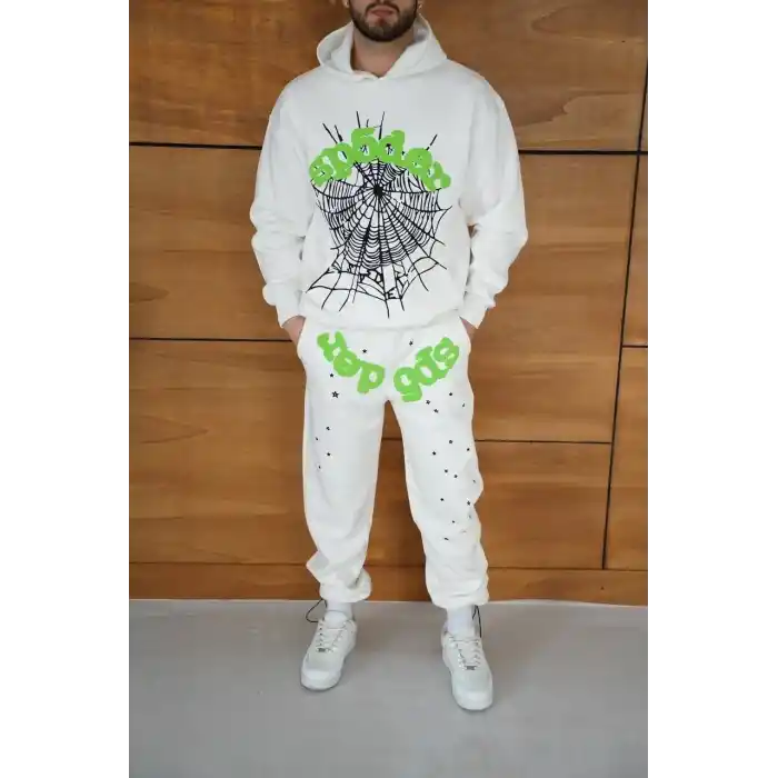 Erkek Kapüşonlu Eşofman Takım Örümcek Ağı ve Neon Yeşil Baskılı Kanguru cepli Oversize Rahat Kalıp, Premium Üç İplik Kumaş - Beyaz