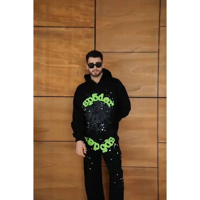 Erkek Kapüşonlu Eşofman Takım Örümcek Ağı ve Neon Yeşil Baskılı Kanguru cepli Oversize Rahat Kalıp, Premium Üç İplik Kumaş - Siyah