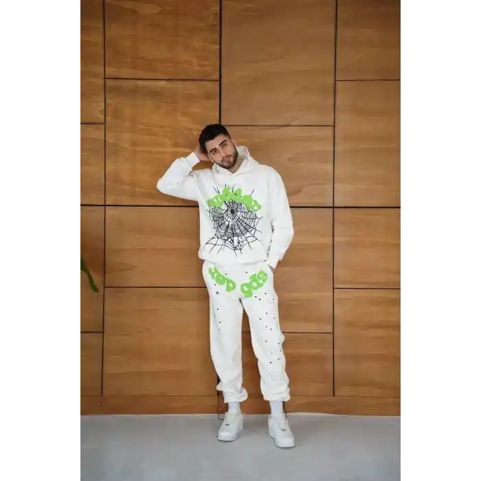 Erkek Kapüşonlu Eşofman Takım Örümcek Ağı ve Neon Yeşil Baskılı Kanguru cepli Oversize Rahat Kalıp, Premium Üç İplik Kumaş - Beyaz