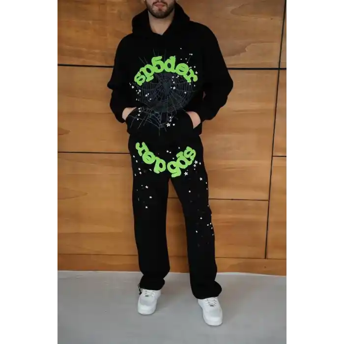 Erkek Kapüşonlu Eşofman Takım Örümcek Ağı ve Neon Yeşil Baskılı Kanguru cepli Oversize Rahat Kalıp, Premium Üç İplik Kumaş - Siyah