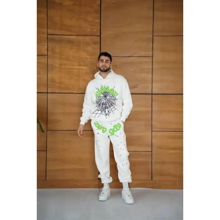 Erkek Kapüşonlu Eşofman Takım Örümcek Ağı ve Neon Yeşil Baskılı Kanguru cepli Oversize Rahat Kalıp, Premium Üç İplik Kumaş - Beyaz