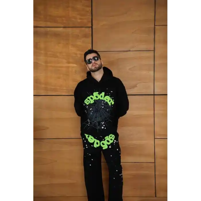 Erkek Kapüşonlu Eşofman Takım Örümcek Ağı ve Neon Yeşil Baskılı Kanguru cepli Oversize Rahat Kalıp, Premium Üç İplik Kumaş - Siyah