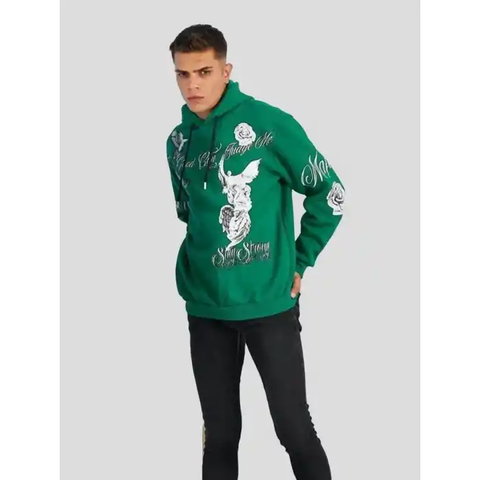 Erkek Kapüşonlu Strong Heykel Baskılı Sweatshirt - Yeşil