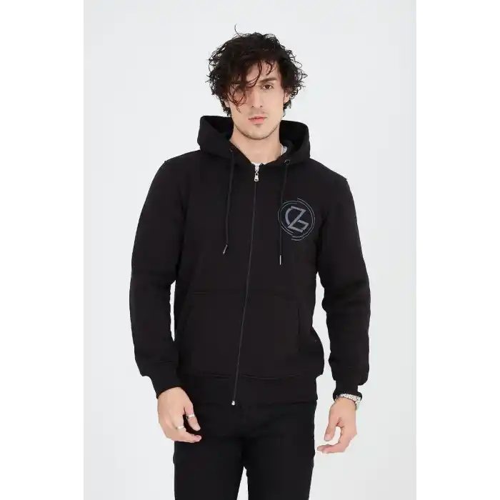 Erkek Kapüşonlu Z Baskılı Fermuarlı Hırka - Siyah