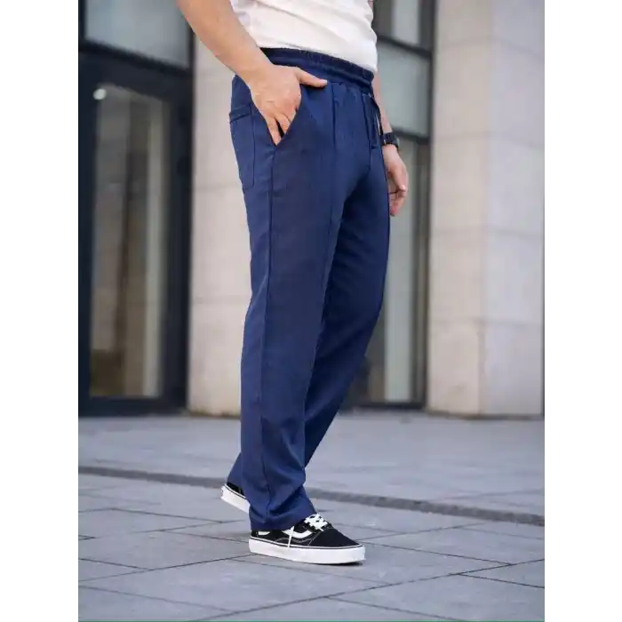 Erkek Keten Cepli Çıma Dikişli jogger Buggy Pantalon Rahat kalıp - Lacivert