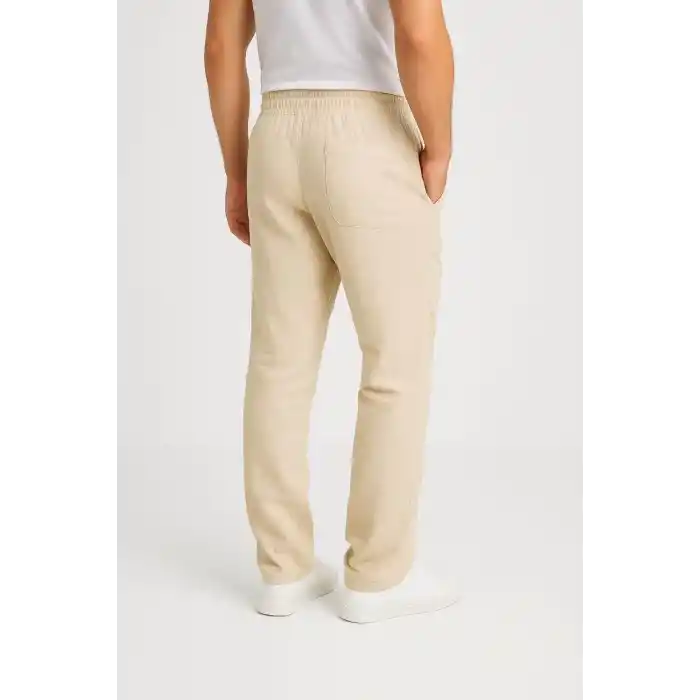 Erkek Keten Pantolon – Cepli, Beli Lastikli ve Bağcıklı, Nefes Alan Rahat Kalıp, Yazlık ve Baharlık Günlük Giyim, Şık & Konforlu Boru Paça Model - Bej