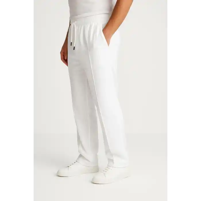 Erkek Keten Pantolon – Cepli, Beli Lastikli ve Bağcıklı, Nefes Alan Rahat Kalıp, Yazlık ve Baharlık Günlük Giyim, Şık & Konforlu Boru Paça Model - Beyaz