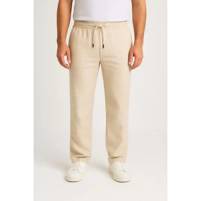 Erkek Keten Pantolon – Cepli, Beli Lastikli ve Bağcıklı, Nefes Alan Rahat Kalıp, Yazlık ve Baharlık Günlük Giyim, Şık & Konforlu Boru Paça Model - Bej