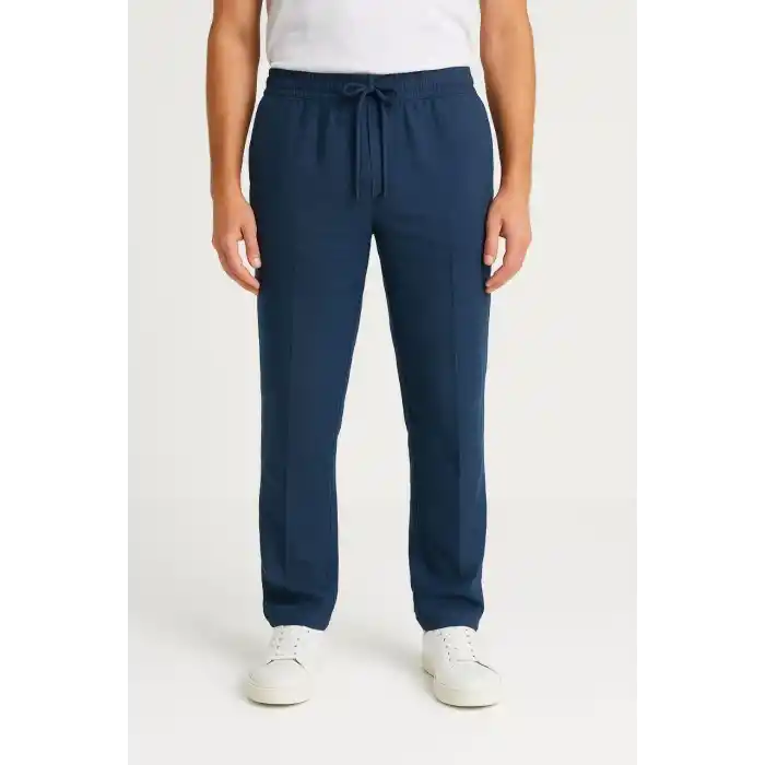 Erkek Keten Pantolon – Cepli, Beli Lastikli ve Bağcıklı, Nefes Alan Rahat Kalıp, Yazlık ve Baharlık Günlük Giyim, Şık & Konforlu Boru Paça Model - Lacivert