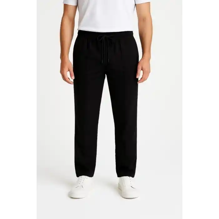 Erkek Keten Pantolon – Cepli, Beli Lastikli ve Bağcıklı, Nefes Alan Rahat Kalıp, Yazlık ve Baharlık Günlük Giyim, Şık & Konforlu Boru Paça Model - Siyah