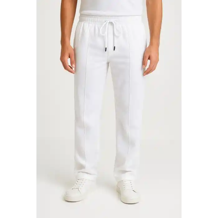 Erkek Keten Pantolon – Cepli, Beli Lastikli ve Bağcıklı, Nefes Alan Rahat Kalıp, Yazlık ve Baharlık Günlük Giyim, Şık & Konforlu Boru Paça Model - Beyaz