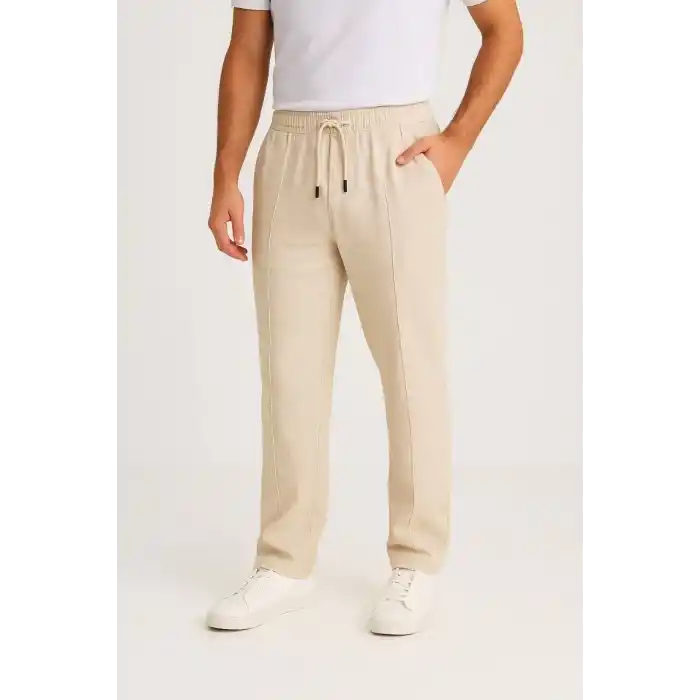 Erkek Keten Pantolon – Cepli, Beli Lastikli ve Bağcıklı, Nefes Alan Rahat Kalıp, Yazlık ve Baharlık Günlük Giyim, Şık & Konforlu Boru Paça Model - Bej