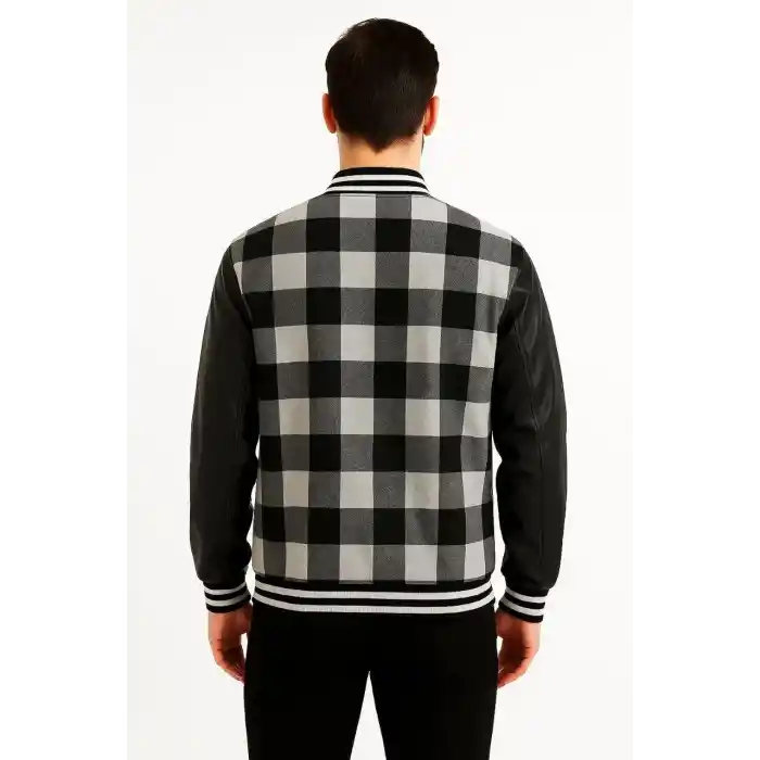 Erkek Kolej Ceket – Kareli Oduncu Kumaş, Kolları Suni Deri, Fermuarlı, İçi Kapitone Astarlı, Nakışlı Oversize Bahar & Kış Stil - Gri