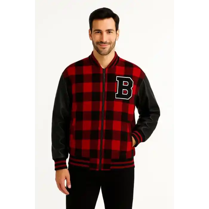 Erkek Kolej Ceket – Kareli Oduncu Kumaş, Kolları Suni Deri, Fermuarlı, İçi Kapitone Astarlı, Nakışlı Oversize Bahar & Kış Stil - Bordo