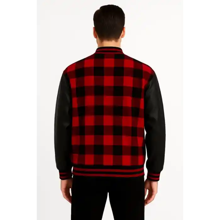 Erkek Kolej Ceket – Kareli Oduncu Kumaş, Kolları Suni Deri, Fermuarlı, İçi Kapitone Astarlı, Nakışlı Oversize Bahar & Kış Stil - Bordo