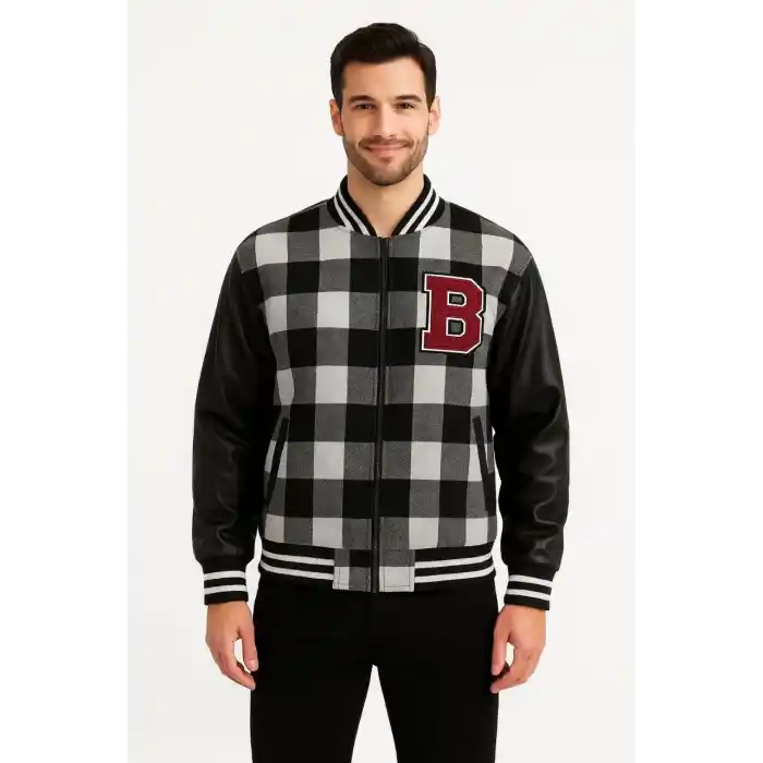 Erkek Kolej Ceket – Kareli Oduncu Kumaş, Kolları Suni Deri, Fermuarlı, İçi Kapitone Astarlı, Nakışlı Oversize Bahar & Kış Stil - Gri