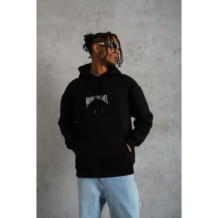 Erkek Kordon İpli Baskılı Kapüşonlu Sweatshirt - Siyah