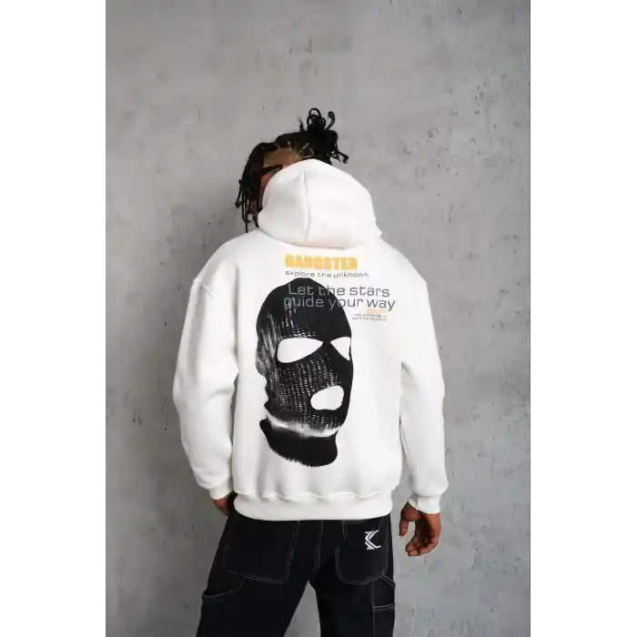 Erkek Kordonlu Maske Baskılı Kapüşonlu Sweat - Beyaz