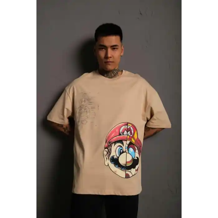 Erkek Mario Baskılı Oversize T-Shirt - Bej