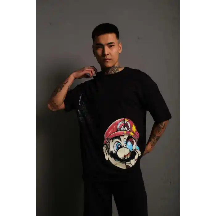 Erkek Mario Baskılı Oversize T-Shirt - Siyah
