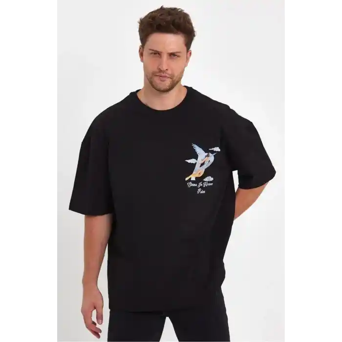 Erkek Melek Baskılı Oversize T-shirt - Siyah