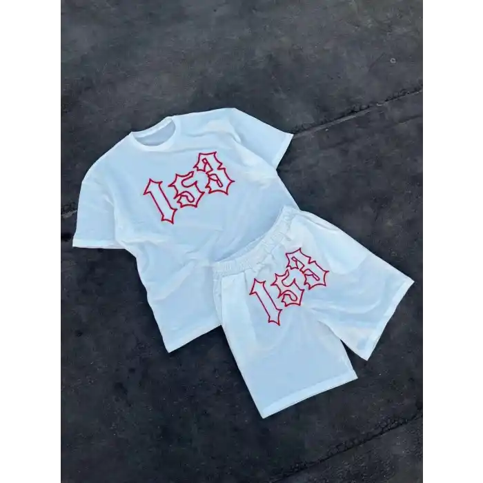 Erkek Nakış İşlemeli Şortlu Takım - Beyaz