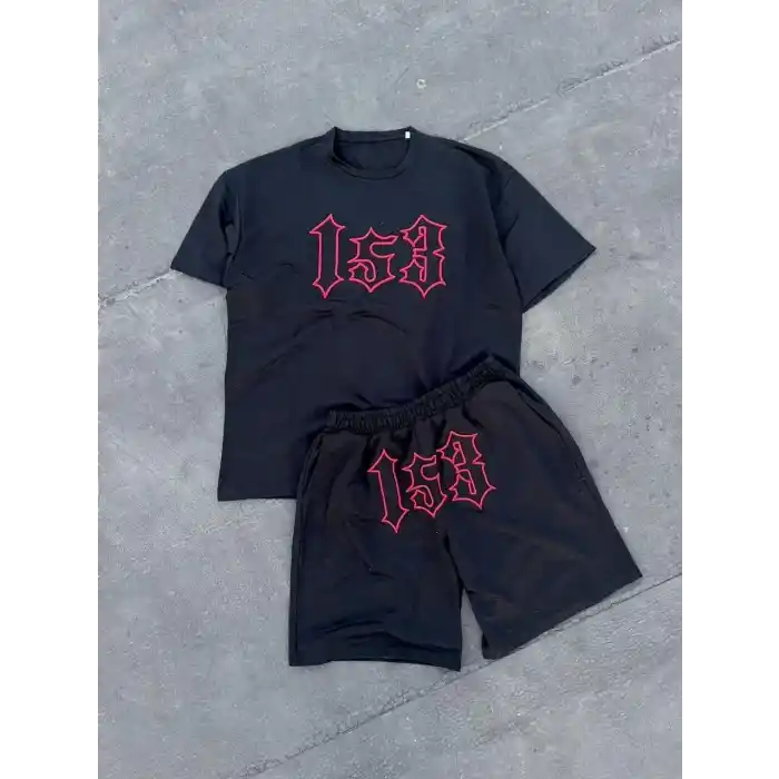 Erkek Nakış İşlemeli Şortlu Takım - Siyah