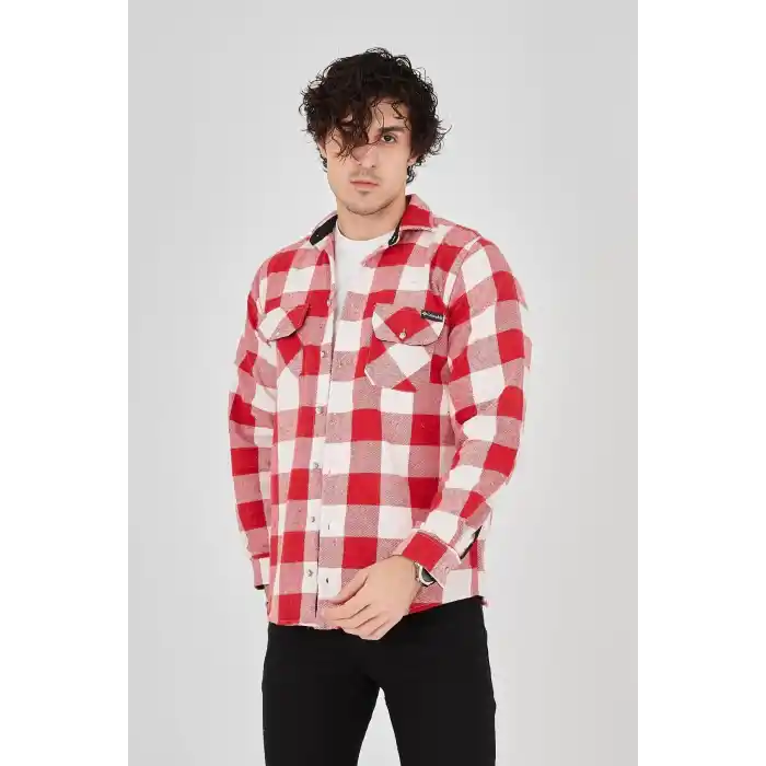 Erkek Oduncu Gömlek – Uzun Kollu, Şardonlu Kumaş, Kareli Desen, Regular Fit, Manşetli, Çift Cepli, Rahat Günlük Bahar & Kış Stil - Pembe