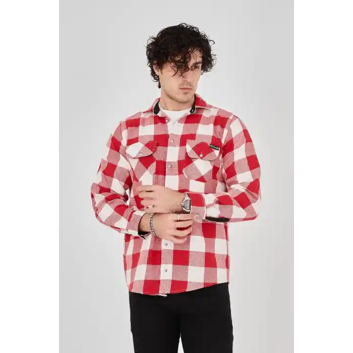 Erkek Oduncu Gömlek – Uzun Kollu, Şardonlu Kumaş, Kareli Desen, Regular Fit, Manşetli, Çift Cepli, Rahat Günlük Bahar & Kış Stil - Pembe