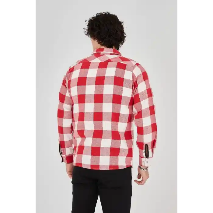 Erkek Oduncu Gömlek – Uzun Kollu, Şardonlu Kumaş, Kareli Desen, Regular Fit, Manşetli, Çift Cepli, Rahat Günlük Bahar & Kış Stil - Kırmızı