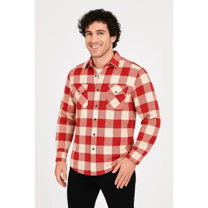 Erkek Oduncu Gömlek – Uzun Kollu, Şardonlu Kumaş, Kareli Desen, Regular Fit, Manşetli, Çift Cepli, Rahat Günlük Bahar & Kış Stil - Kırmızı