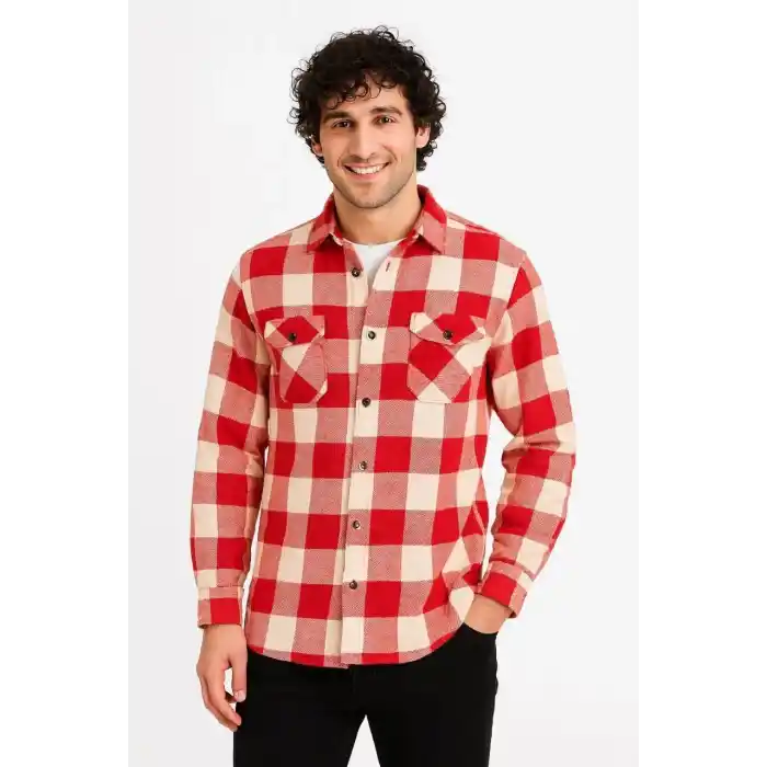 Erkek Oduncu Gömlek – Uzun Kollu, Şardonlu Kumaş, Kareli Desen, Regular Fit, Manşetli, Çift Cepli, Rahat Günlük Bahar & Kış Stil - Kırmızı