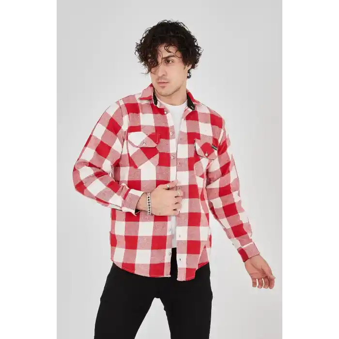 Erkek Oduncu Gömlek – Uzun Kollu, Şardonlu Kumaş, Kareli Desen, Regular Fit, Manşetli, Çift Cepli, Rahat Günlük Bahar & Kış Stil - Pembe