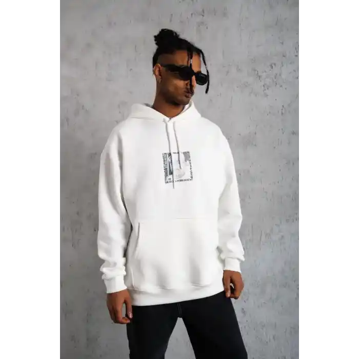 Erkek Ön Arka Baskılı Kapşonlu Sweat - Beyaz
