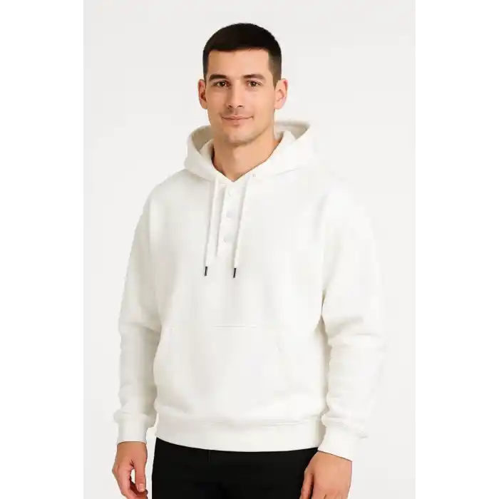 Erkek Ovarsize Kapüşonlu Swetshirt Kanguru Çepli Cıtcıtlı 3 iplik Şardonlu Hoodie - Beyaz