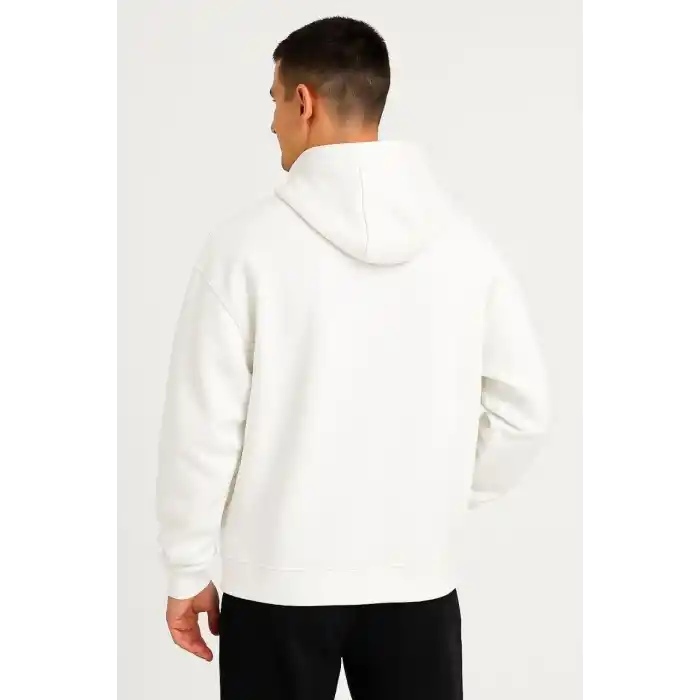 Erkek Ovarsize Kapüşonlu Swetshirt Kanguru Çepli Cıtcıtlı 3 iplik Şardonlu Hoodie - Beyaz