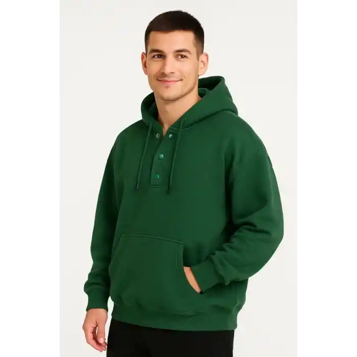 Erkek Ovarsize Kapüşonlu Swetshirt Kanguru Çepli Cıtcıtlı 3 iplik Şardonlu Hoodie - Haki