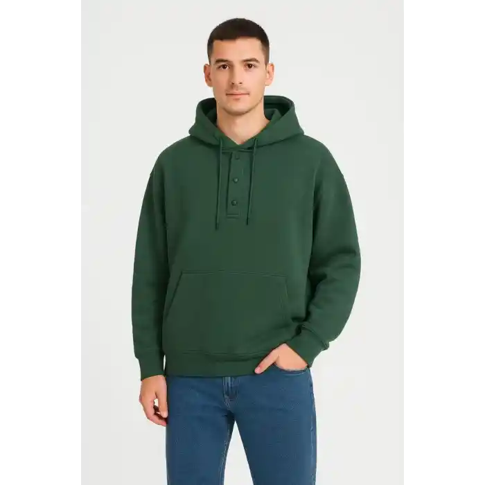 Erkek Ovarsize Kapüşonlu Swetshirt Kanguru Çepli Cıtcıtlı 3 iplik Şardonlu Hoodie - Haki