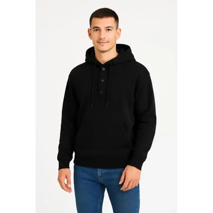 Erkek Ovarsize Kapüşonlu Swetshirt Kanguru Çepli Cıtcıtlı 3 iplik Şardonlu Hoodie - Siyah