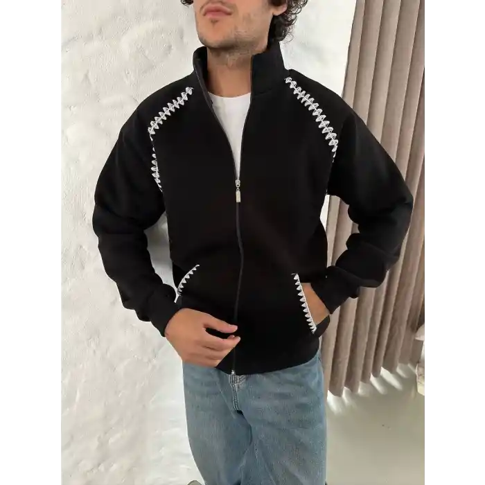 Erkek Oversize Dik Yaka Fermuarlı Sweatshirt - Zincir Nakışli Kanguru Cepli - Siyah