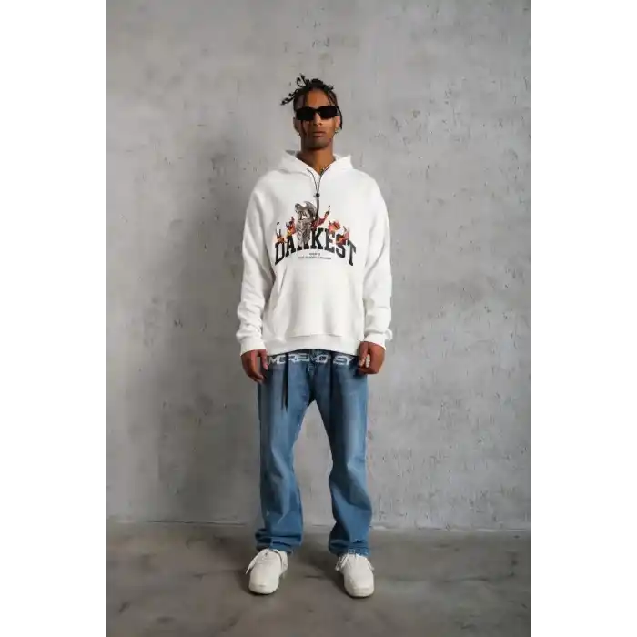Erkek Oversize Kapüşonlu Sweatshirt – Beyaz Renk Üç İplik İçi Pamuklu Kanguru Cepli Baskılı Hoodie Rahat Kalıp Kışlık Günlük Kombinlere Uygun - Beyaz
